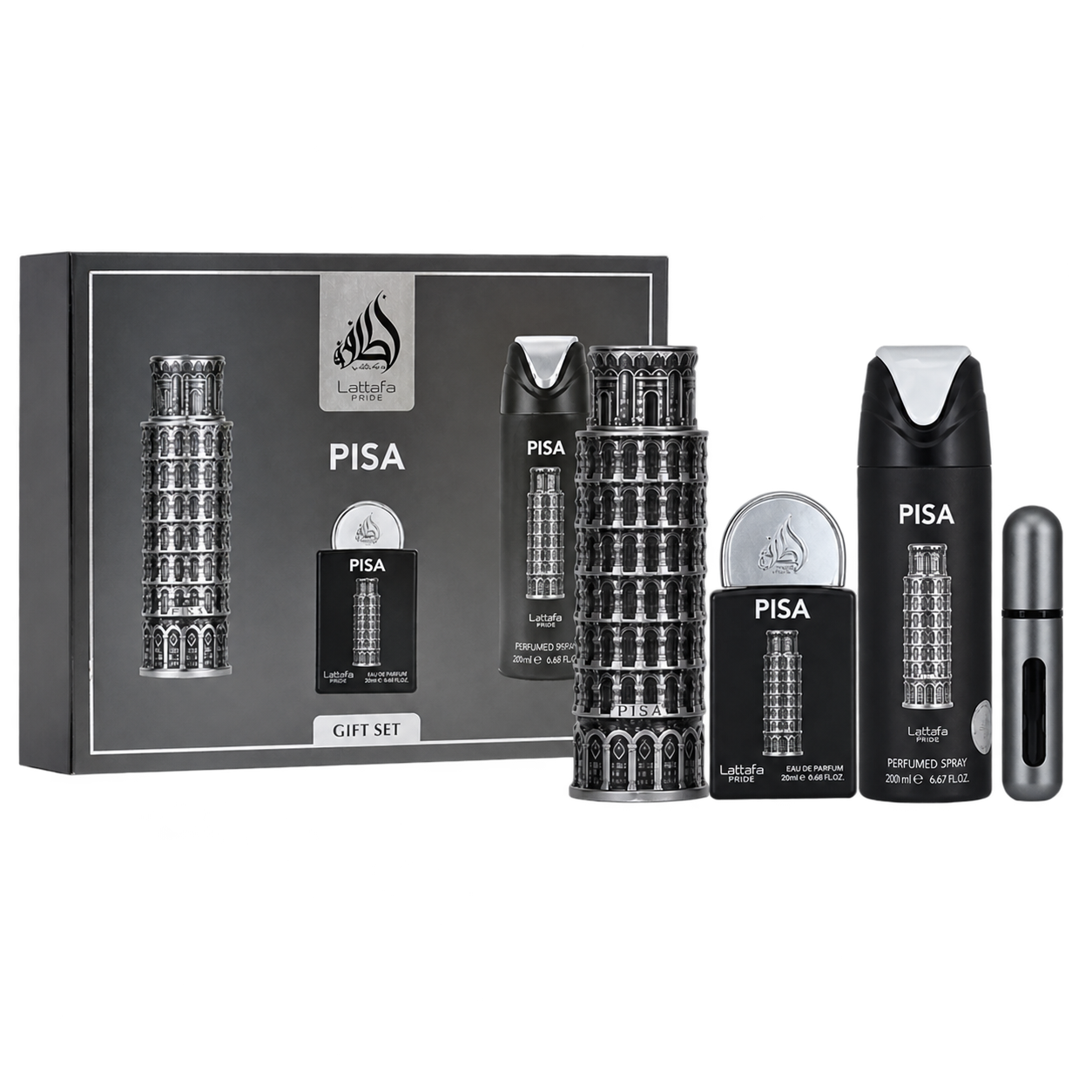 Set Pisa Lattafa 4 Pcs 100 ml + perfumero 20 ml + Desodorante + Spray - Men