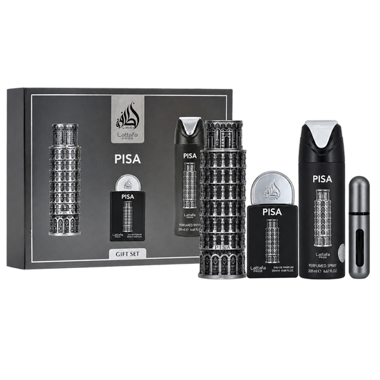 Set Pisa Lattafa 4 Pcs 100 ml + perfumero 20 ml + Desodorante + Spray - Men