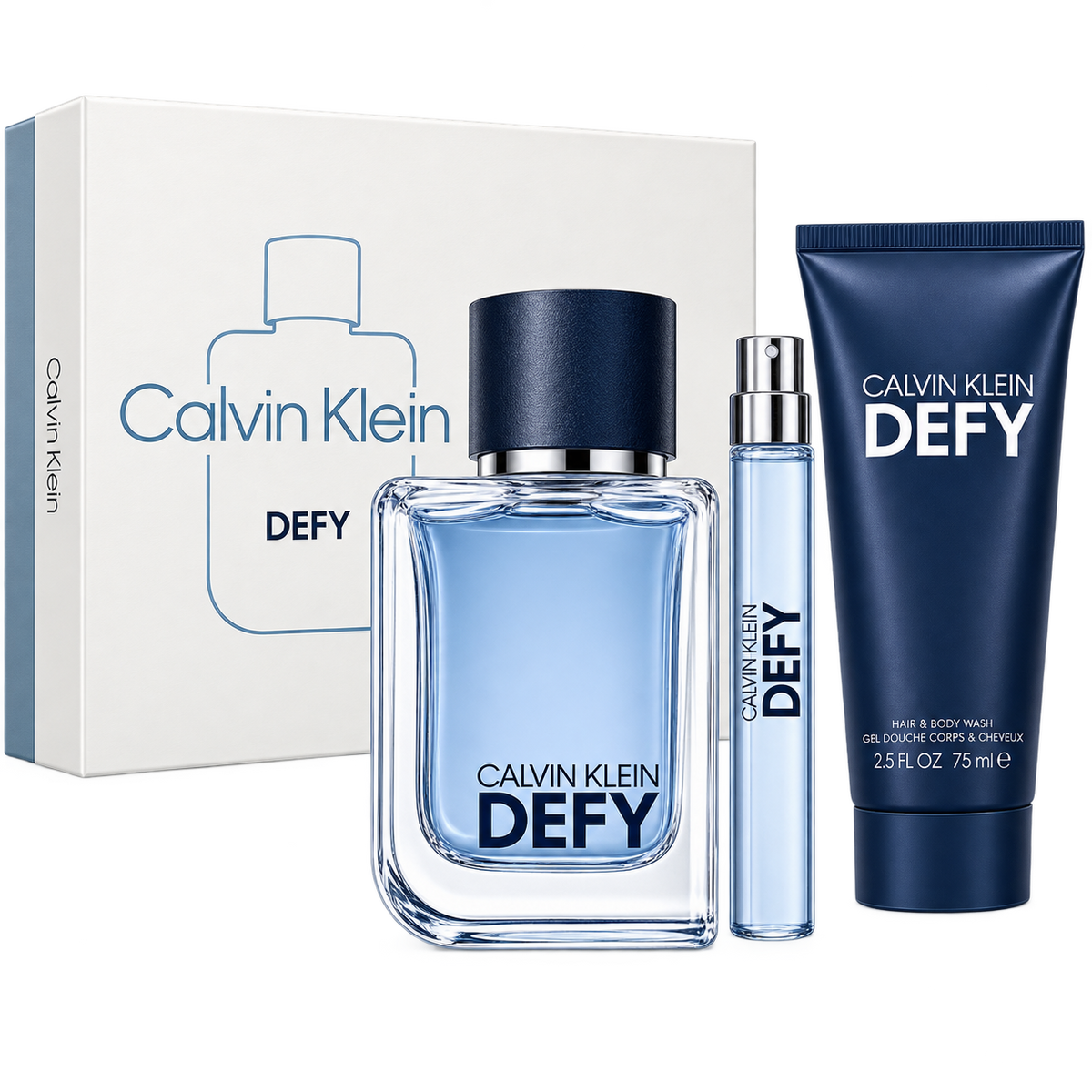 Calvin Klein Defy EDT Set de Regalo 100 ml / 3.4 fl. oz + 100 ml / 3.4 oz Bálsamo After Shave + 10 ml / 0.33 fl. oz Spray de Viaje Para Hombre