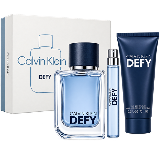 Calvin Klein Defy EDT Set de Regalo 100 ml / 3.4 fl. oz + 100 ml / 3.4 oz Bálsamo After Shave + 10 ml / 0.33 fl. oz Spray de Viaje Para Hombre
