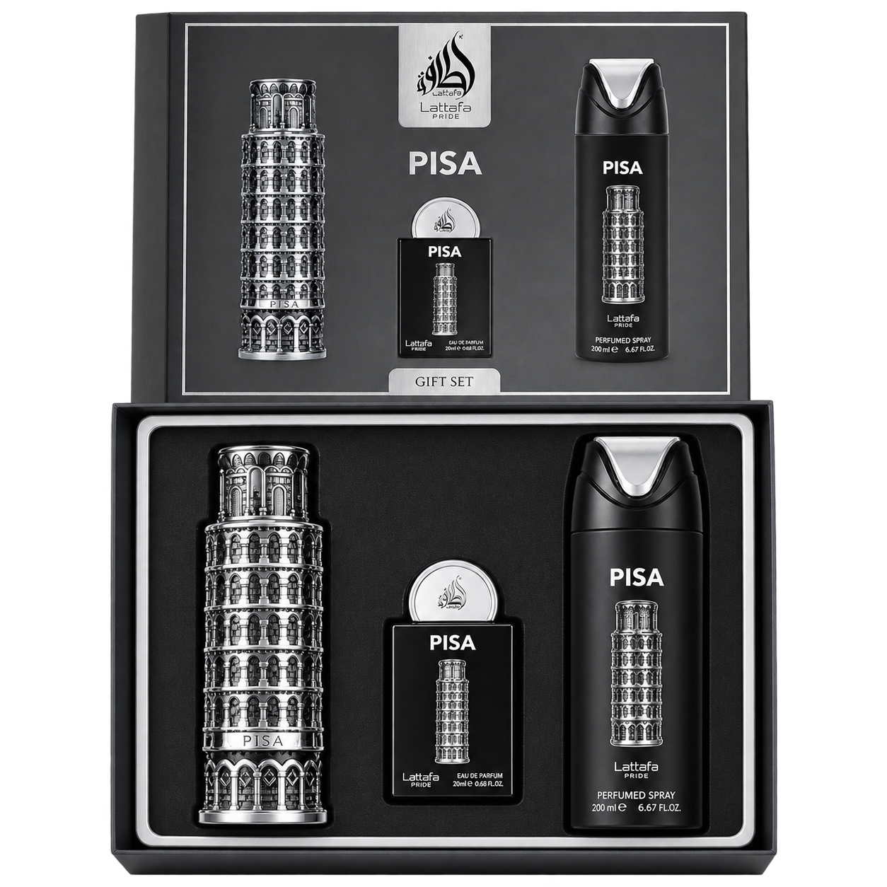Set Pisa Lattafa 4 Pcs 100 ml + perfumero 20 ml + Desodorante + Spray - Men