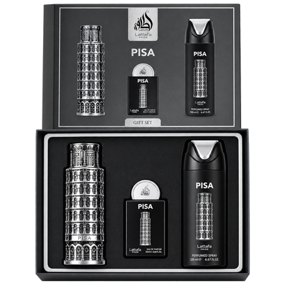 Set Pisa Lattafa 4 Pcs 100 ml + perfumero 20 ml + Desodorante + Spray - Men
