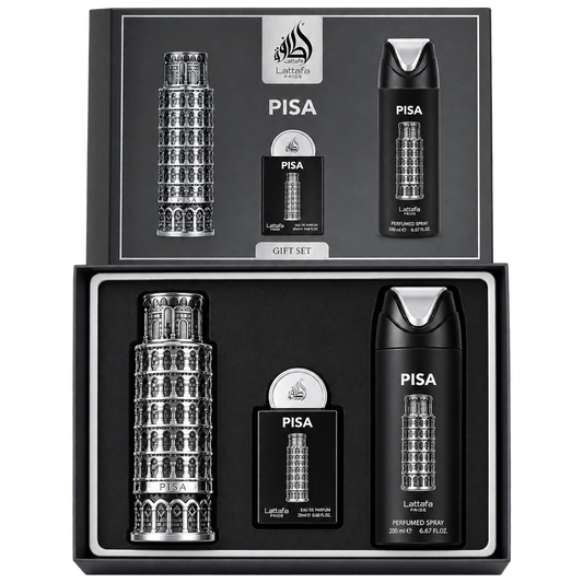 Set Pisa Lattafa 4 Pcs 100 ml + perfumero 20 ml + Desodorante + Spray - Men