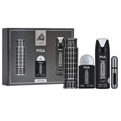 Set Pisa Lattafa 4 Pcs 100 ml + perfumero 20 ml + Desodorante + Spray - Men